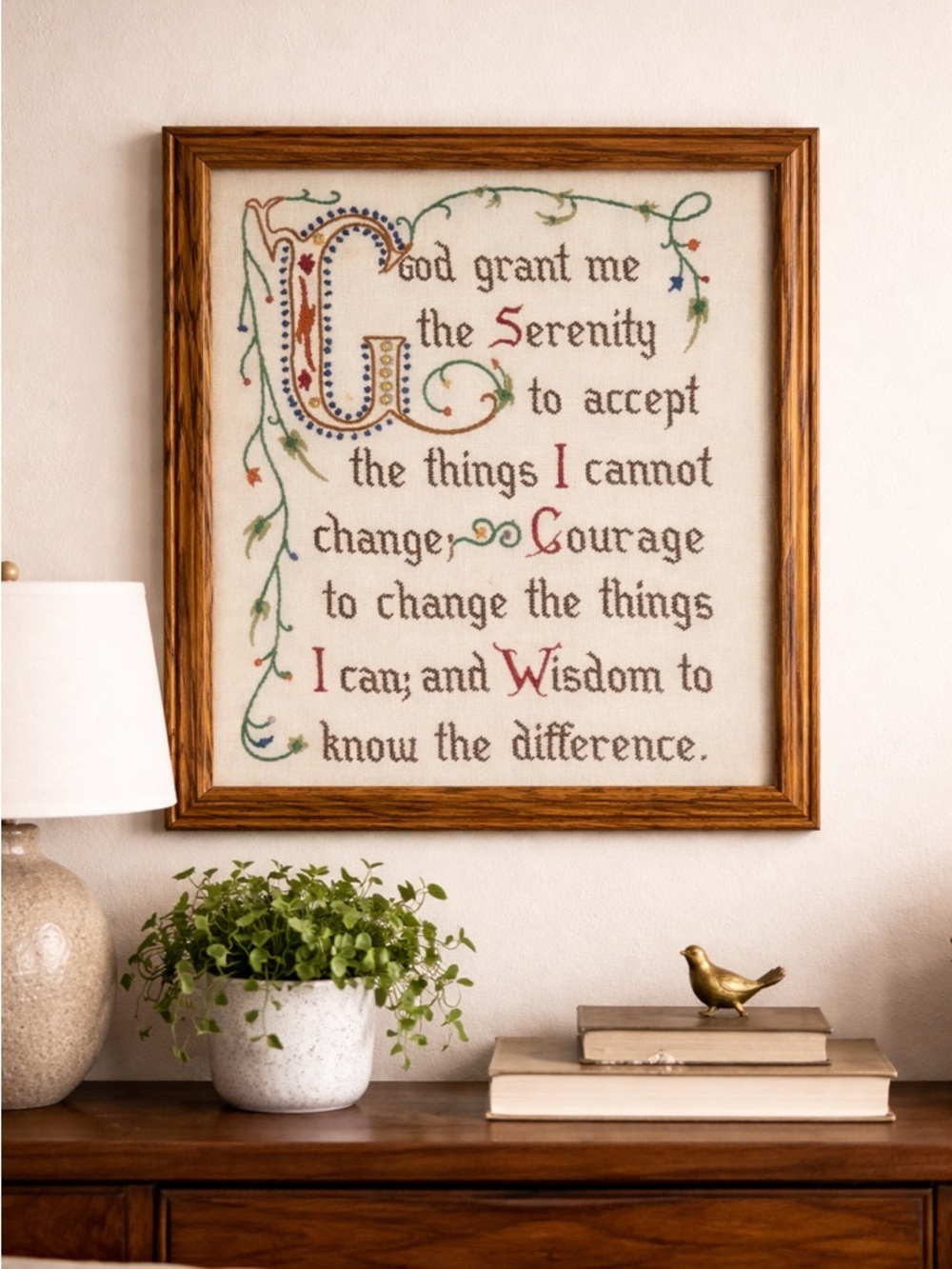 Vintage Framed Serenity Prayer Needlepoint | Hand Stitched Wall Art | 17x14